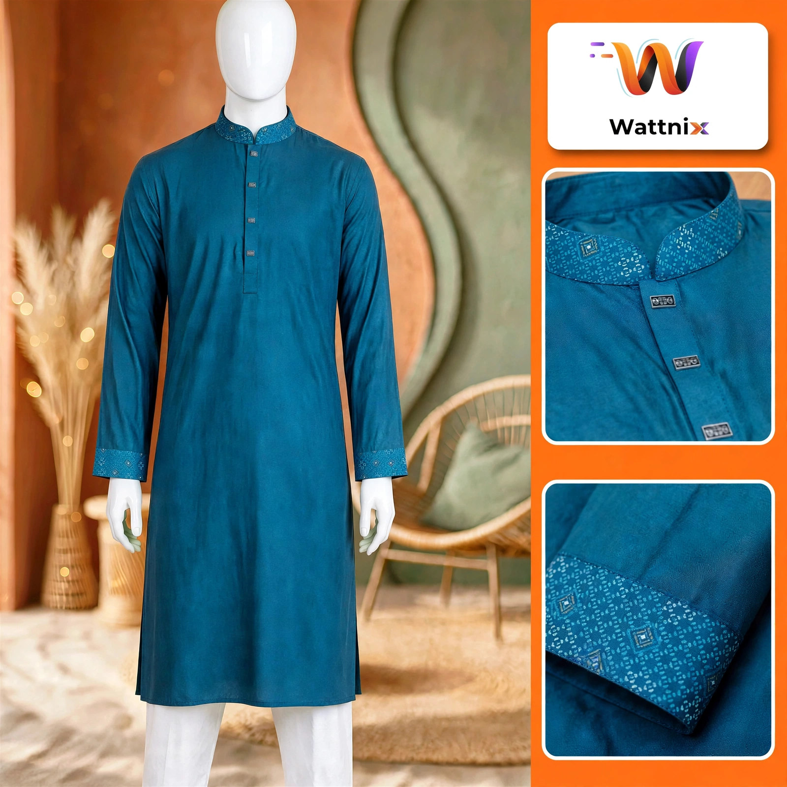 Wattnix Premium Soft Cotton Panjabi - Classic Collection (Teal Blue)